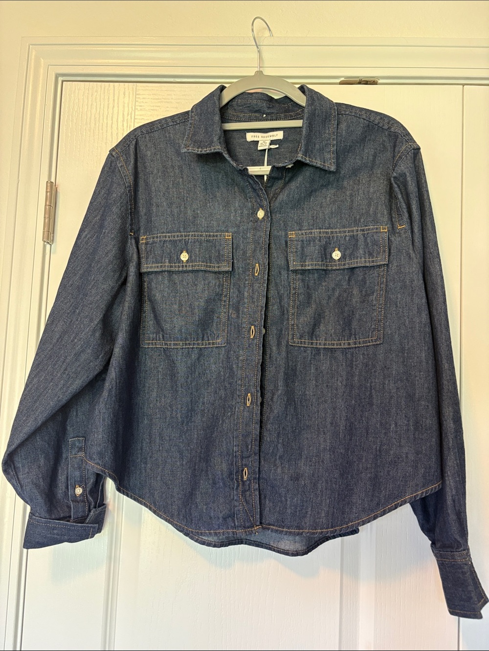 Denim Button-Front Shirt Jacket - Dark Blue Free Assembly
